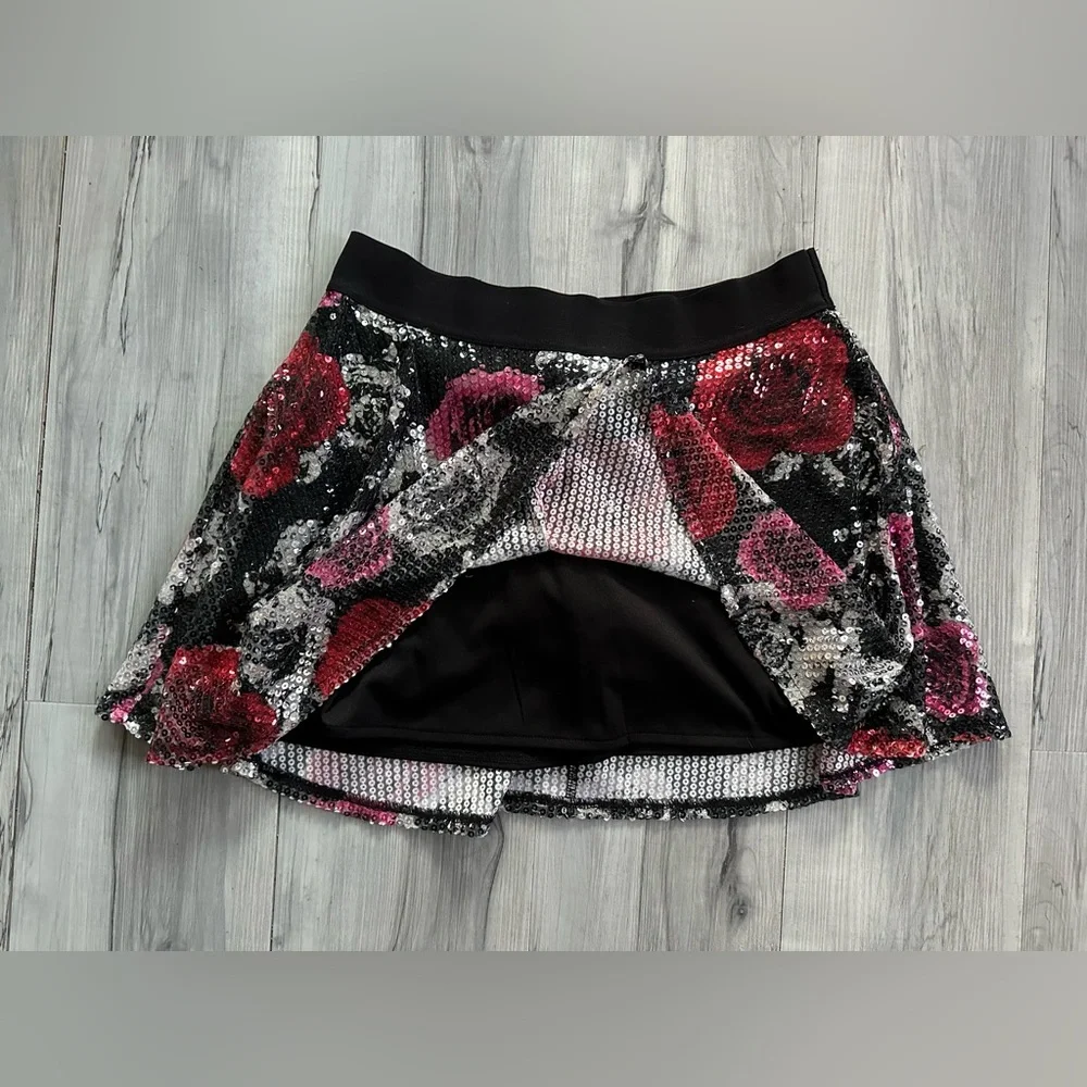 JUSTICE Skort Juniors Size 16 Women’s S SEQUINED SKATER‎ Skirt ROSES Red Silver